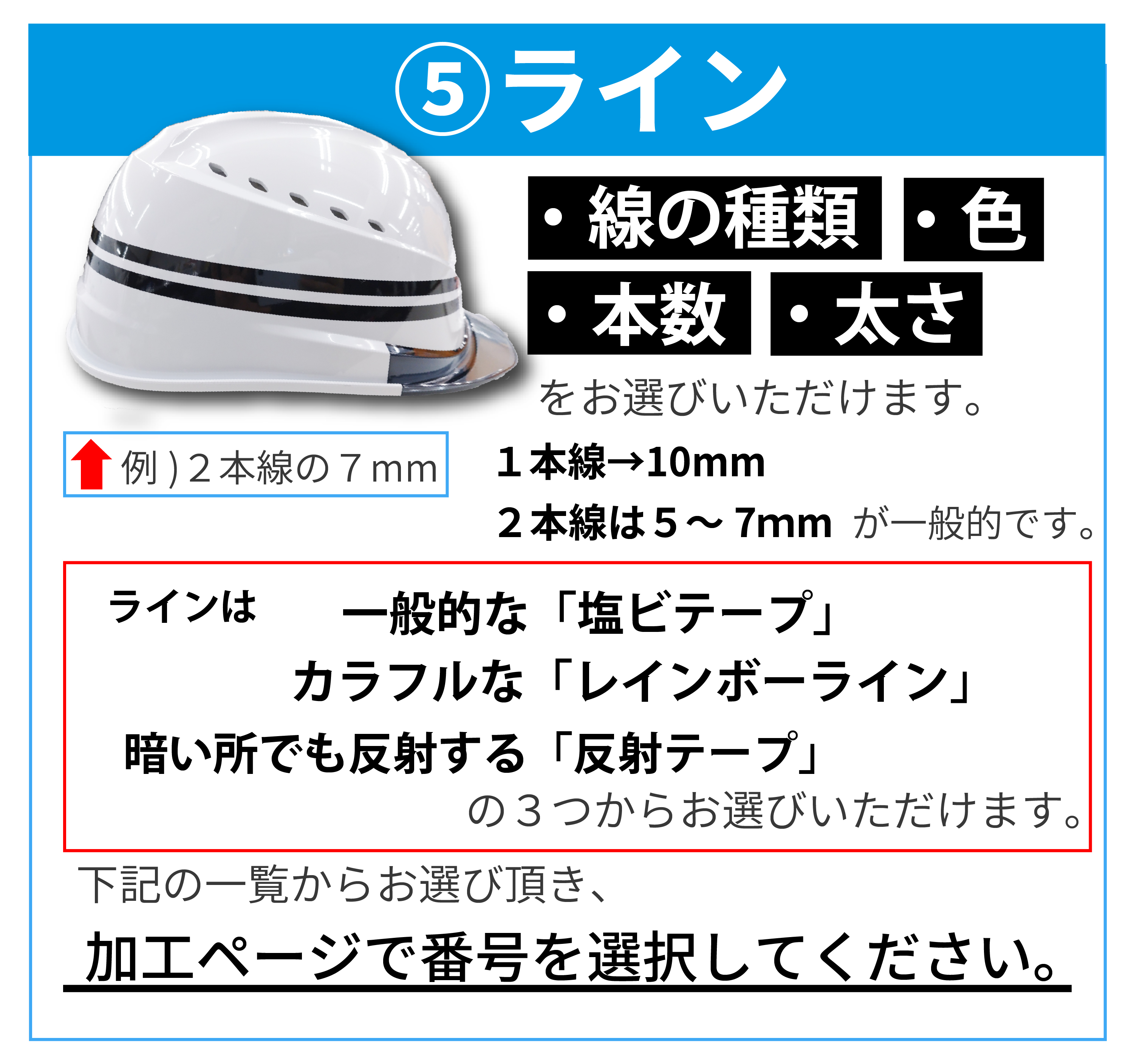 5ライン。線の種類、色、本数、太さをお選びいただけます。１本線は１０ｍｍ、２本線は５～７ｍｍが一般的です。ラインは一般的な塩ビテープ、カラフルなレインボーライン、暗い所でも反射する反射テープの３つからお選びいただけます。下の一覧からお選びいただき、加工ページで番号を選択してください。
