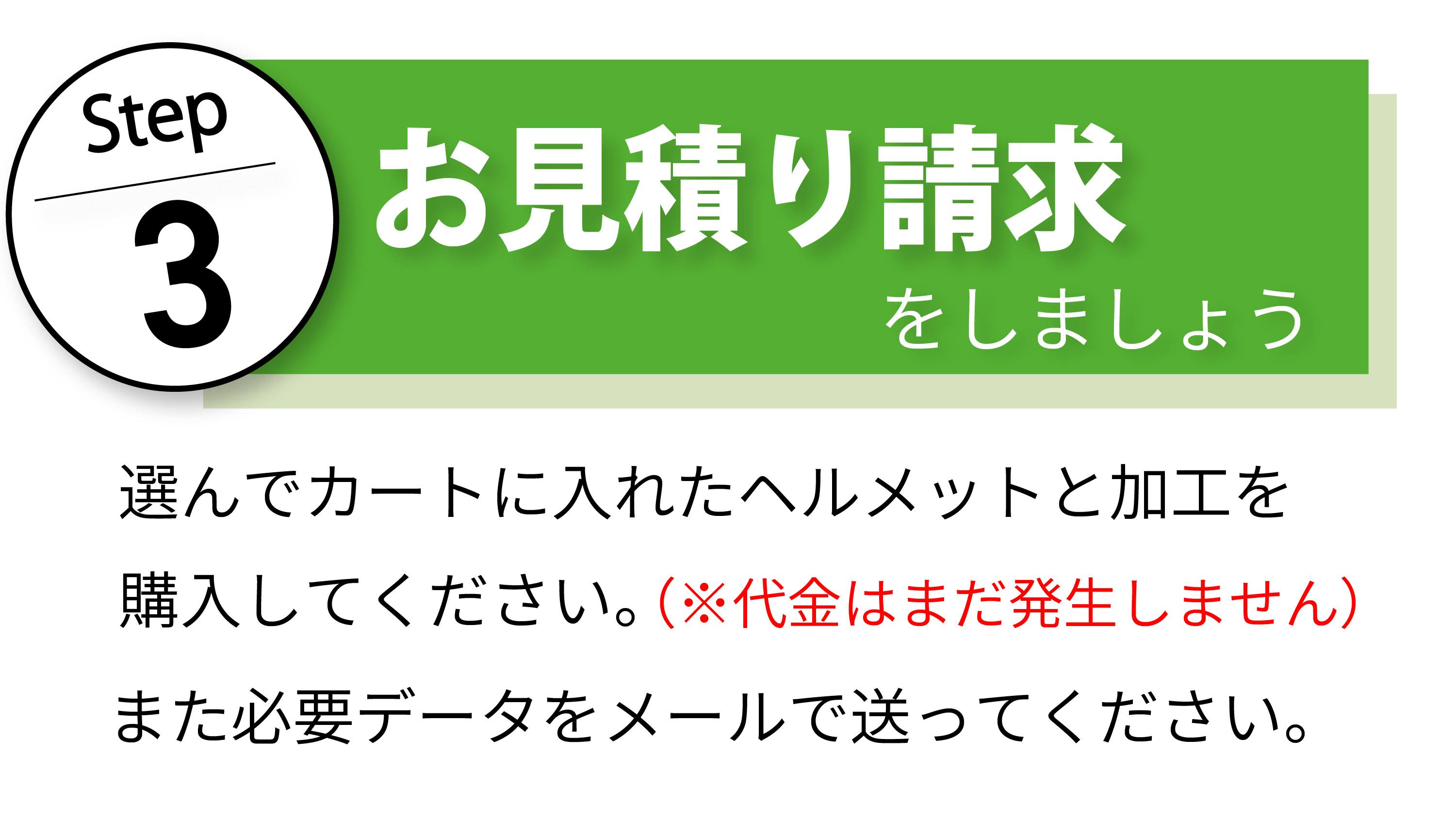 ステップ３、お見積り請求をしましょう。選んでカートに入れたヘルメットと加工を購入してください。※この時点では代金はまだ発生しません。また必要データをメールで送ってください。データがそろい次第お見積りをさせていただきます。翌々営業日までにはお見積りをお出ししますので、弊社からの返信をお待ちください。