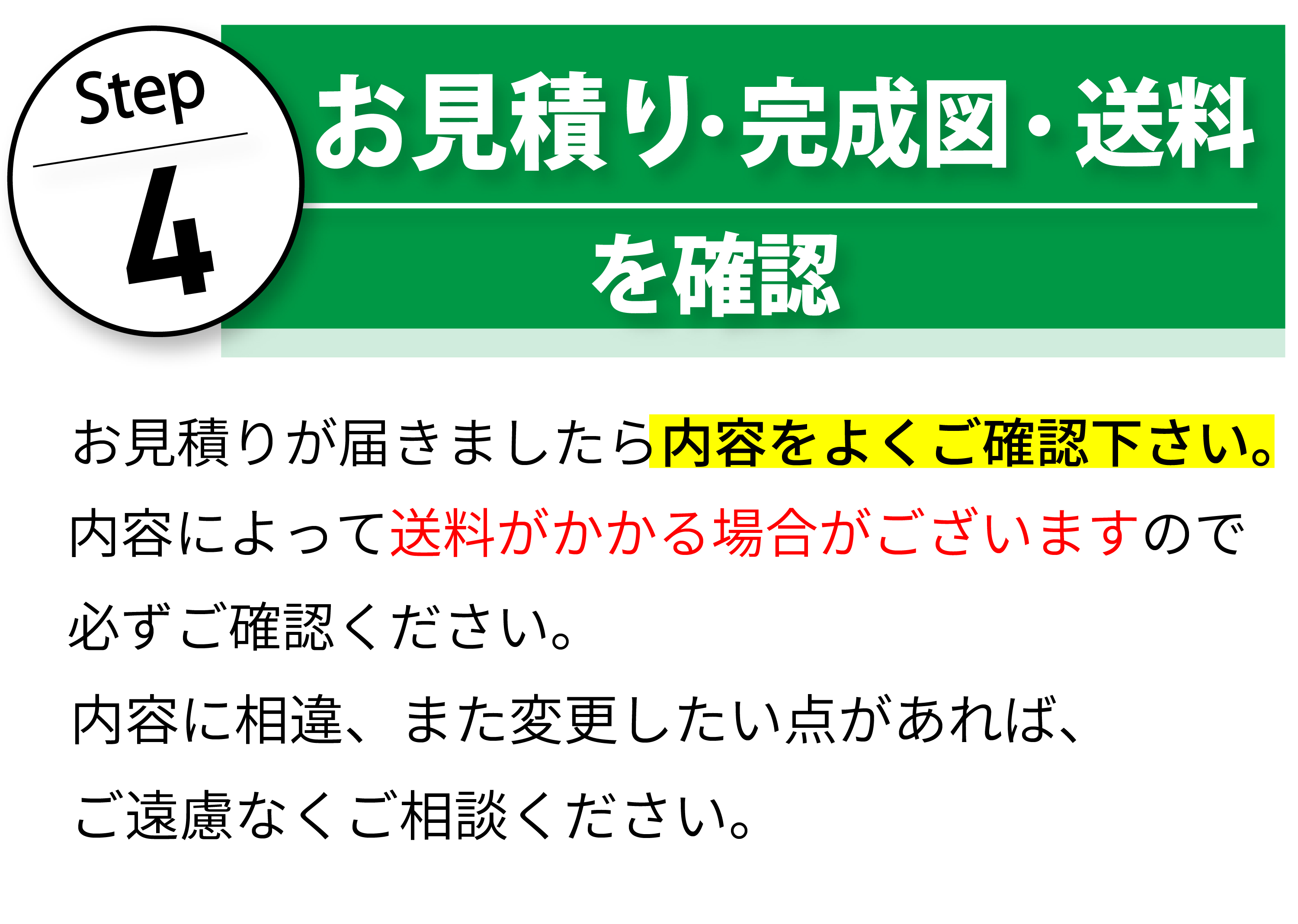 ステップ４、お見積り、完成図、送料をしっかり確認。お見積りが届きましたら、内容をよくご確認ください。内容によって送料がかかる場合がございますので必ずご確認ください。内容に相違、また変更したい点があれば、ご遠慮なくご相談ください。