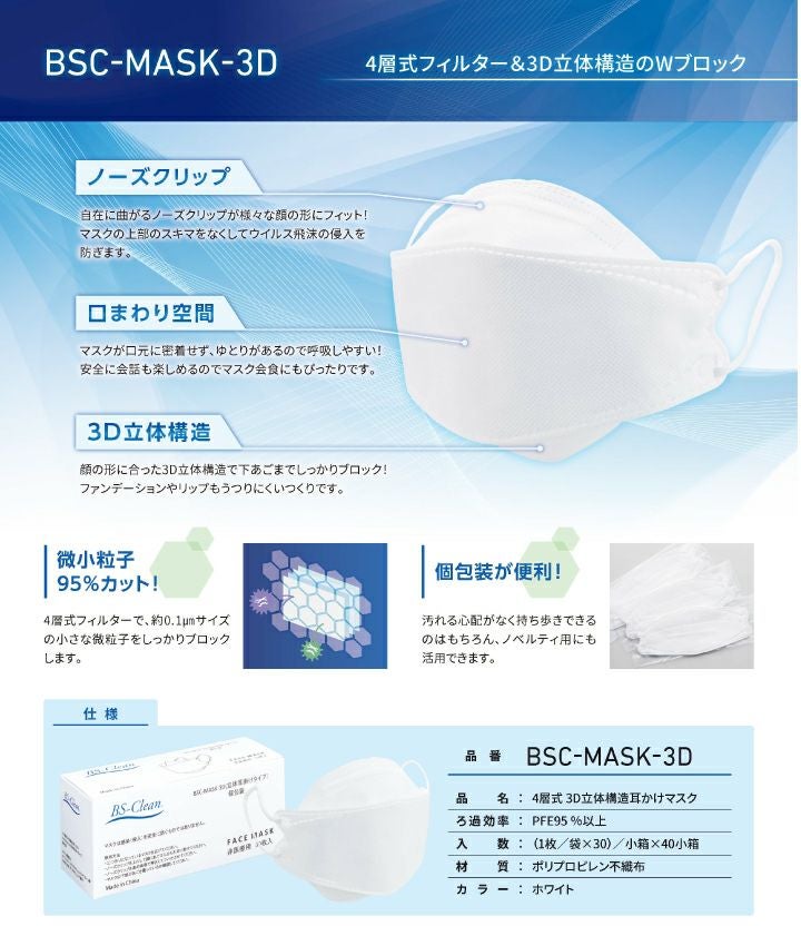 40箱セット】3D立体構造 不織布マスク 使い捨てマスク 30枚入り 個包装